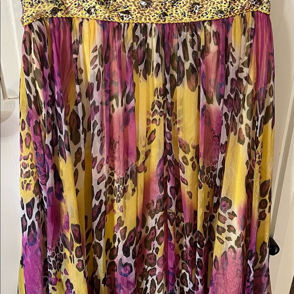 Beautiful yellow and lavender rhinestone, leopard print prom/evening gown